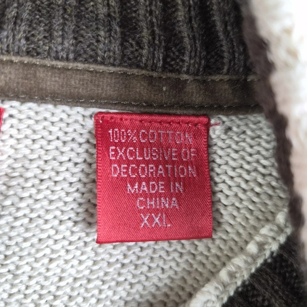 Izod Sweater Mens XXL Beige Knit 100% Cotton 1/4 Button Mock Neck Pullover